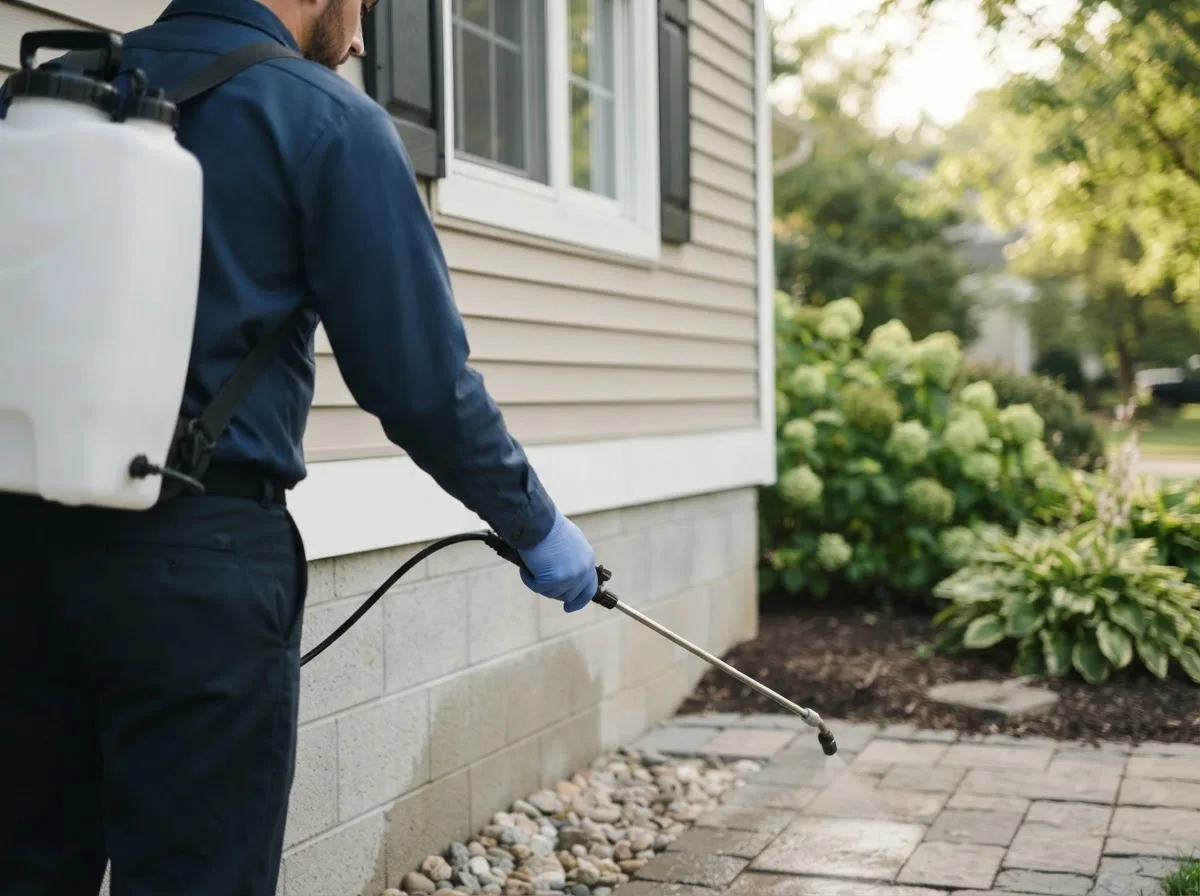 Pest control technician inspecting a home in Clemmons, NC